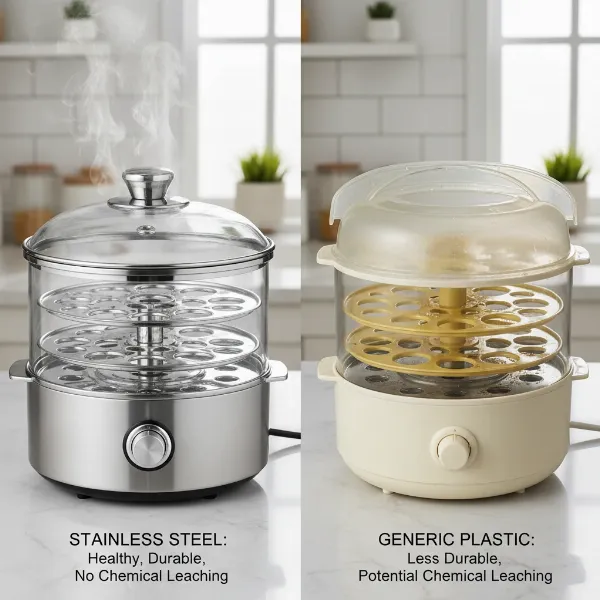 A stainless steel egg cooker contrasting with plastic, emphasizing healthy, chemical-free cooking.