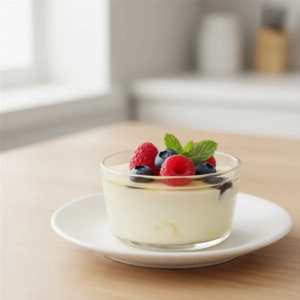 smooth steamed egg pudding with fresh berries and mint garnish