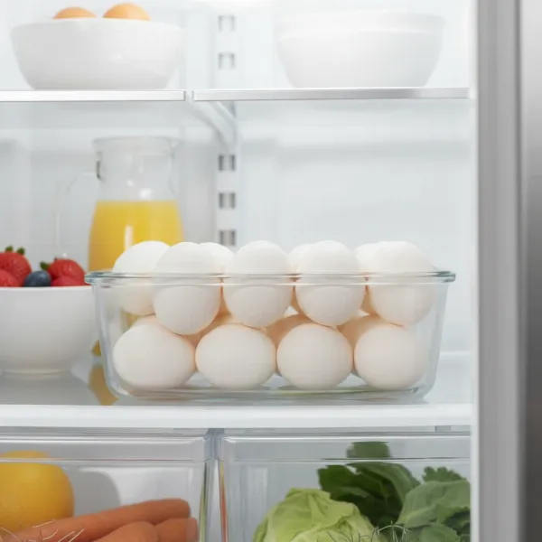 Unpeeled hard-boiled eggs neatly arranged inside a clear airtight container in a refrigerator.