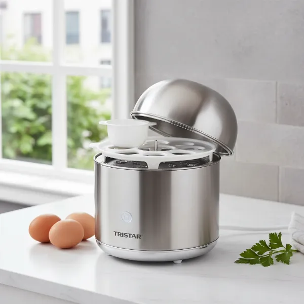 Tristar electric egg boiler with stainless steel lid open, showing detachable, easy-to-clean components in a modern kitchen