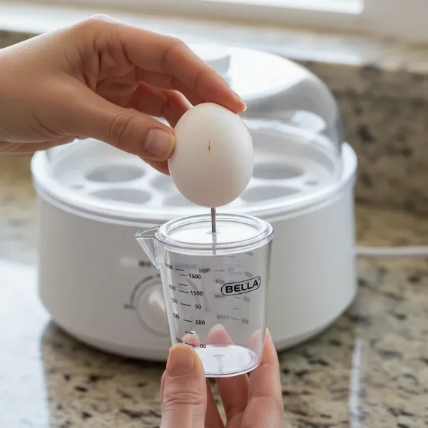 Hand piercing an egg with the Bella Rapid egg cooker's pin before cooking.