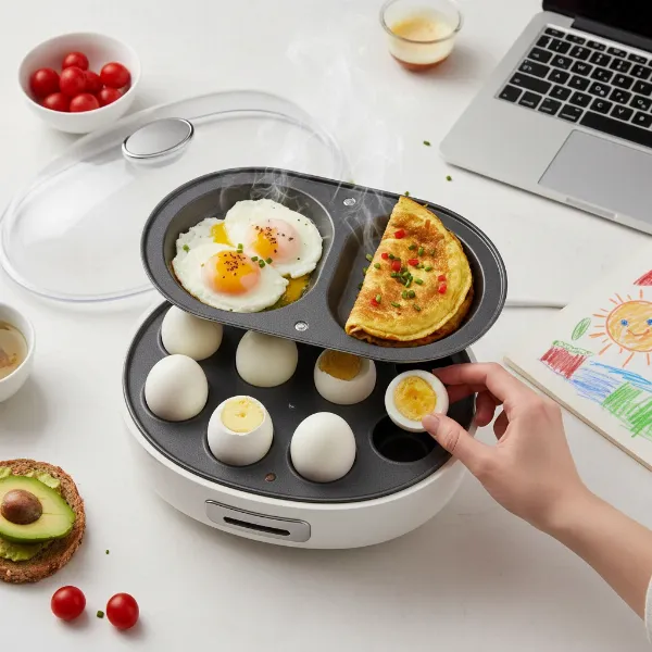A multi-functional egg cooker with different trays for boiled, poached, and omelet eggs.