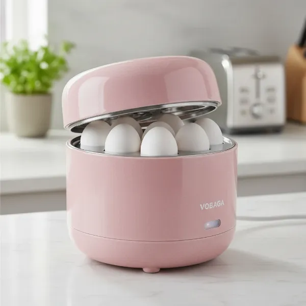 Vobaga electric egg cooker with ceramic-inspired design, stainless steel interior, and 7-egg capacity.