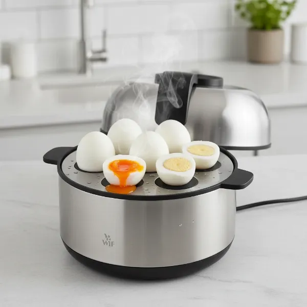 WMF Stelio egg cooker preparing multiple eggs with different doneness levels, from soft to hard-boiled.