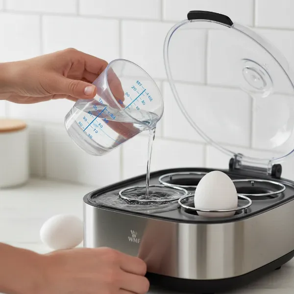 Hand demonstrating how to use the WMF Stelio egg cooker, adding water with a measuring cup.