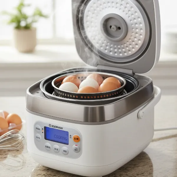 Zojirushi rice cooker steaming eggs perfectly in its basket, showcasing versatility beyond cooking rice.